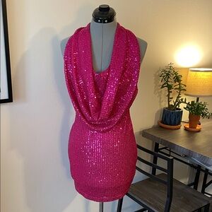 Fashion Nova Pink Sequin Cowl Neck Mini Dress